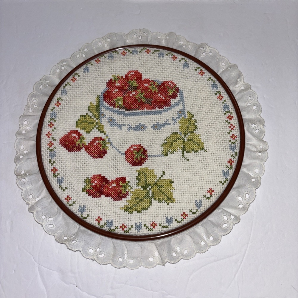 VTG WonderArt Strawberries Hoop Framed Cross Stitch Cottagecore Farmhouse
